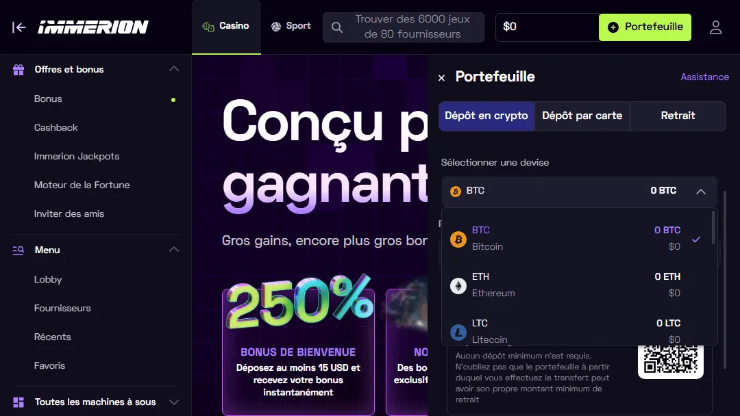 Dépôt crypto sur Immerion Casino Portefeuille Immerion Casino avec options de dépôt crypto
