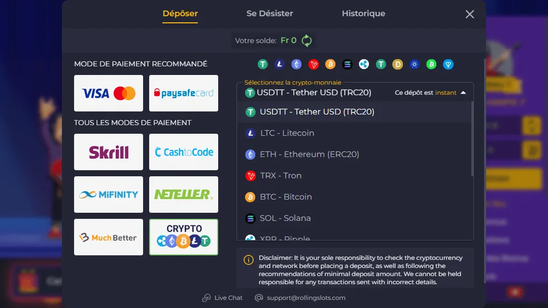 Méthodes de dépôt crypto sur Rolling Slots Casino Méthodes de dépôt sur Rolling Slots Casino