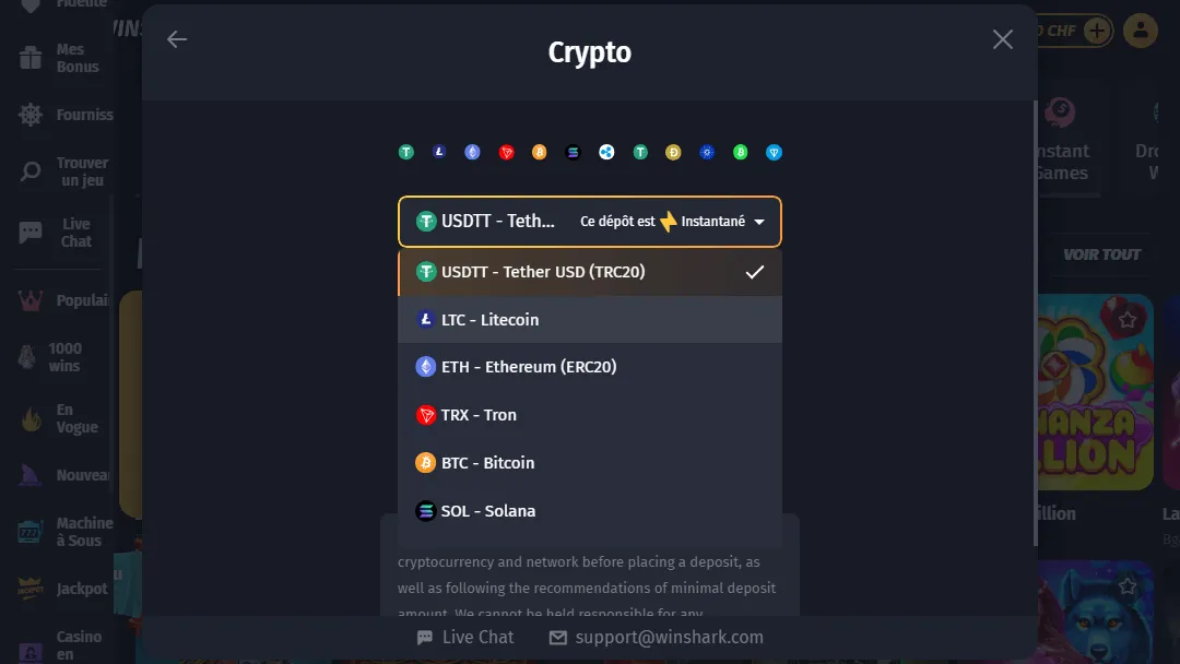 Interface de dépôt en cryptomonnaie sur WinShark Casino Sélection des cryptomonnaies pour dépôt instantané sur WinShark Casino